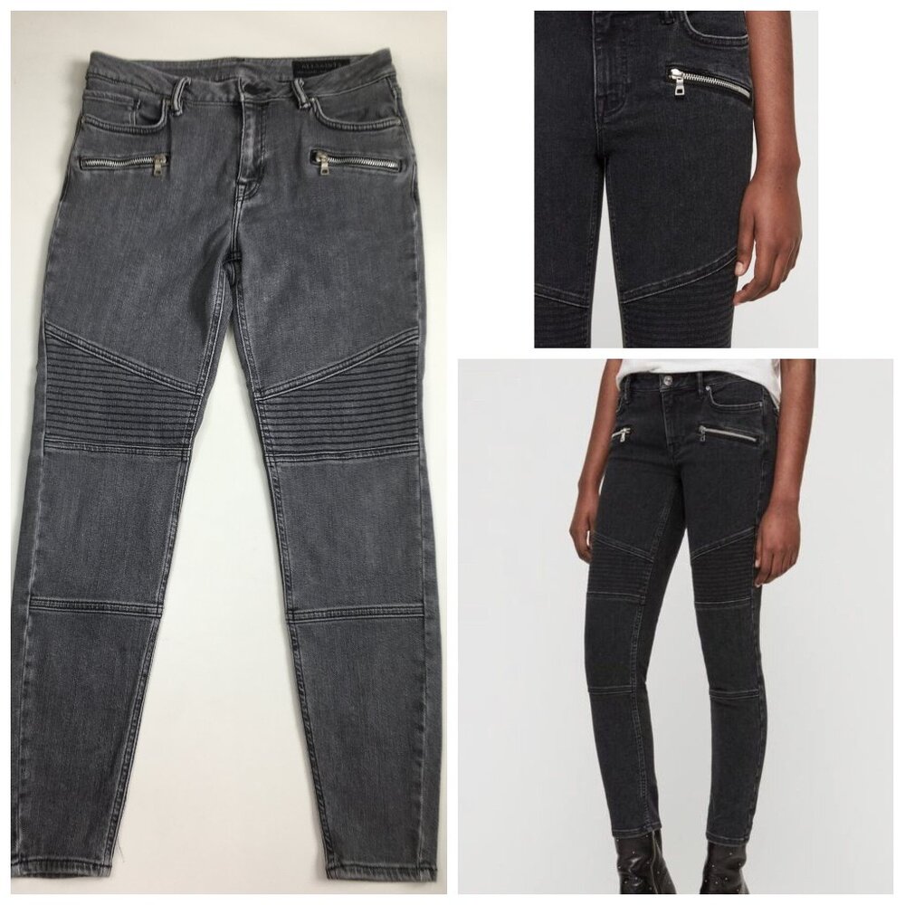 ALL SAINTS Gray GRACE Biker Faux Zip Pockets Slim Fit Skinny Jeans